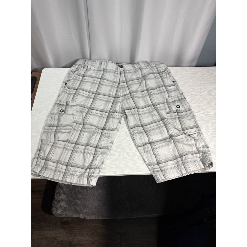 Projek Raw Mens Plaid Cargo Shorts White Grey Size 40 Casual Utility Pockets